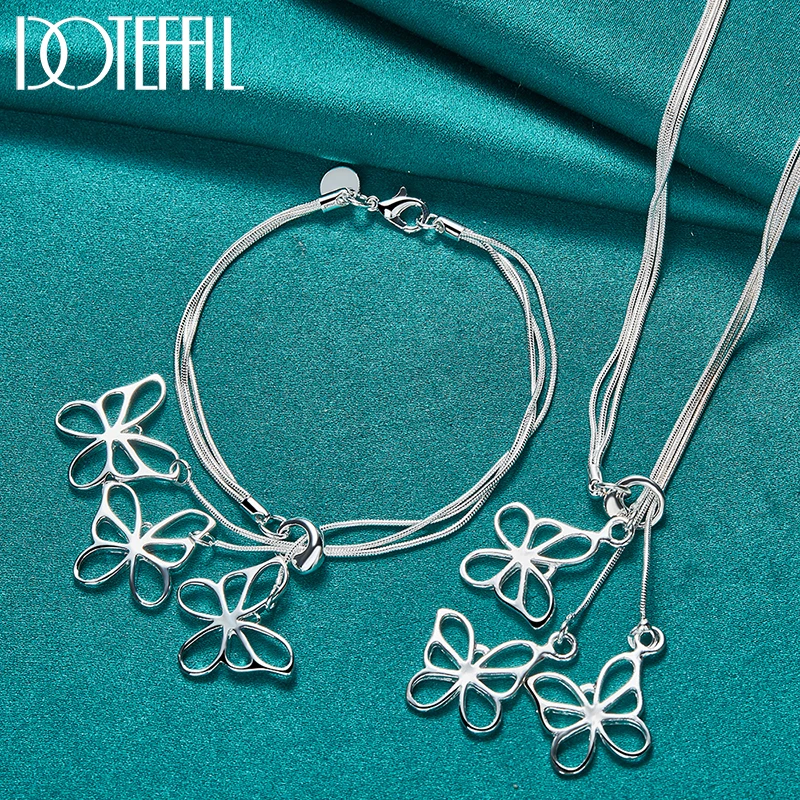 

DOTEFFIL 2pcs 925 Sterling Silver Three Butterfly Pendant Necklace Bracelet Snake Chain Set For Woman Wedding Charm Jewelry