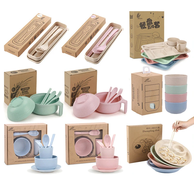 

Wheat Straw Tableware Set With Packaging Box Portable Bowl Cup Plate Spoon Fork Chopsticks Dinner Tableware Set Kitchen Supplies