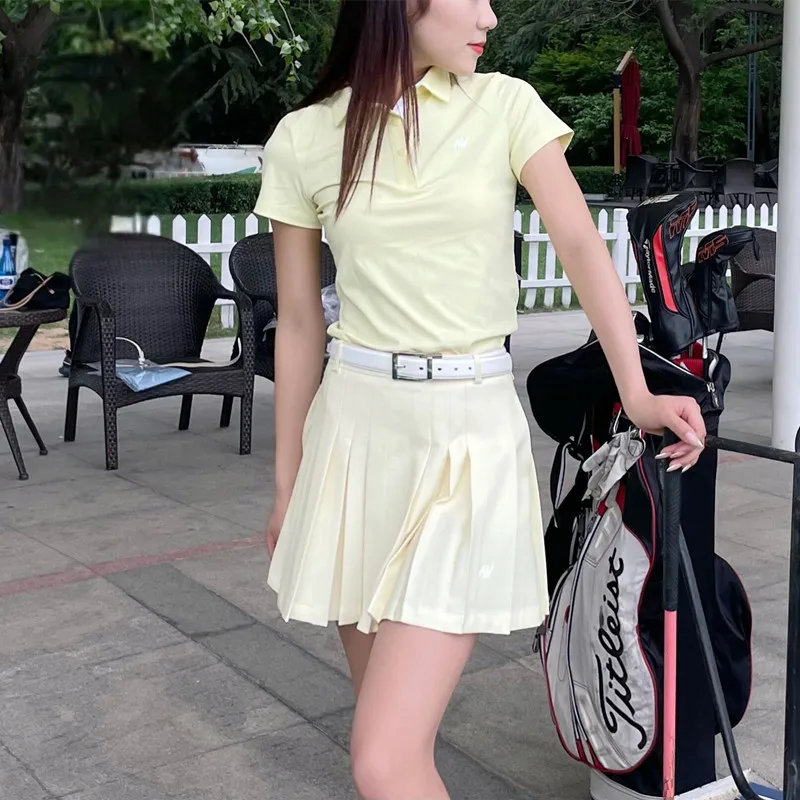 Azureway Golf Women's Short Sleeve T-shirt Summer Golf Simple Breathable Top Ruffle Skirt Women's Pleated Skort Ladies Jersey