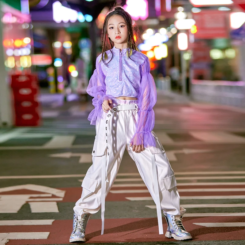 

HipHop Dancing Clothes Girls Sequins Jazz Dancewear Festival Clothing Purple Tops White Cargo Pants Street Dance Clothes VDB5095