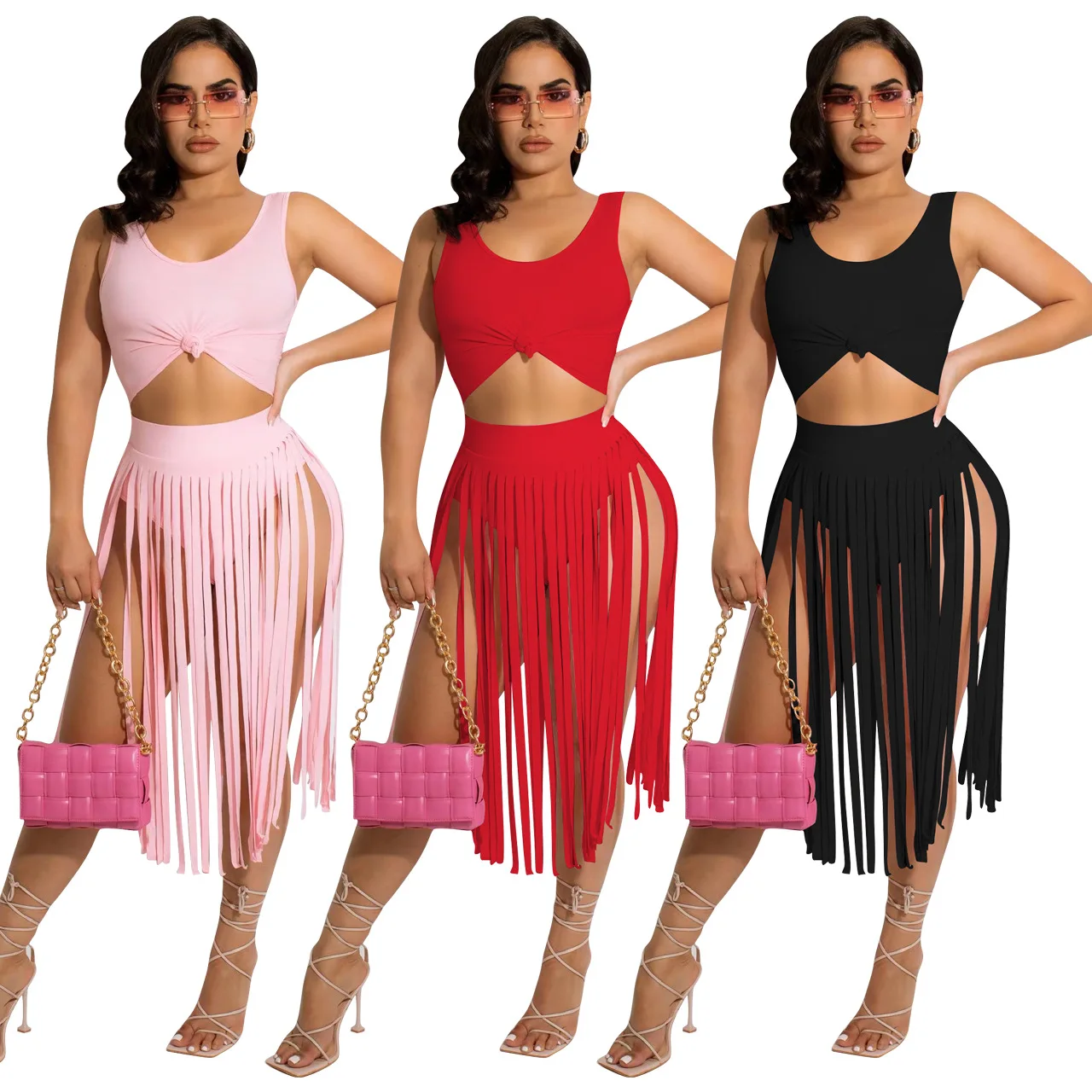 

Sexy Tassel 2 Pieces Skirt Sets Women Club Outfits Summer Beach Wear Women Tank Sleeveless Crop Top + Tassel Long Skirt Clothes