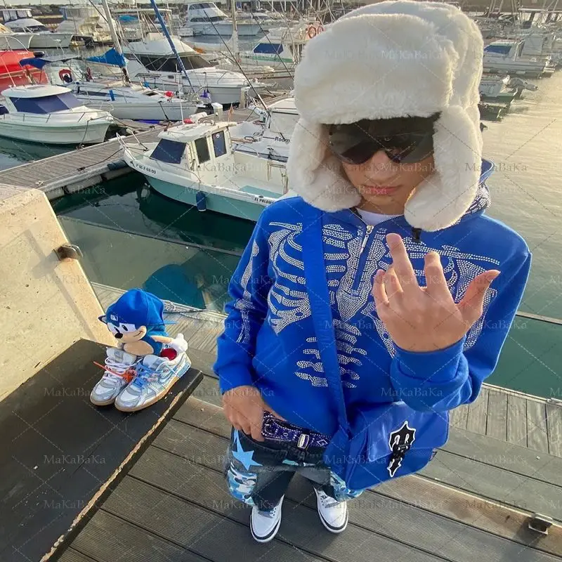 

Fashion Hoodie Skull Rhinestone ZipUp Hoodie grunge Oversized Sweatshirt Punk Harajuku Long Sleeve Outerwear Y2k clothes men