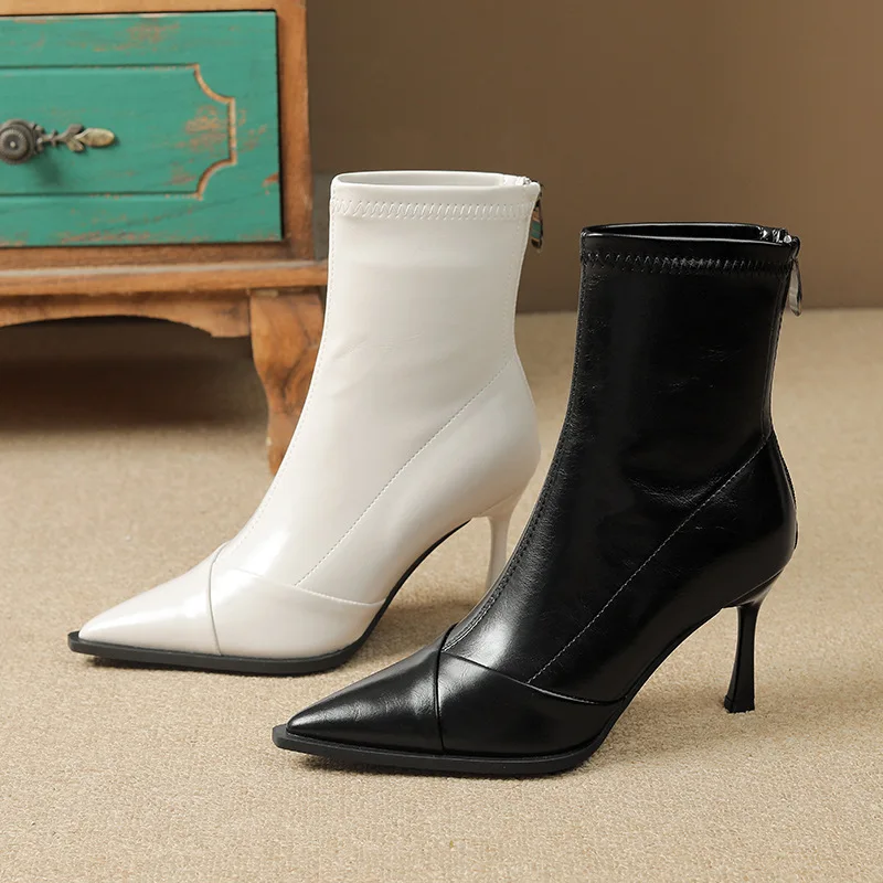 

Pointed toe slim boots stiletto high heel short boots for women with spliced back zipper autumn and winter new style