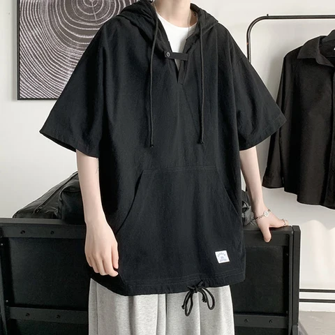 Свитшот мужской с коротким рукавом и капюшоном, модная Корейская Студенческая кофта черного и белого цвета для пар, повседневная одежда большого размера в стиле Харадзюку, на лето