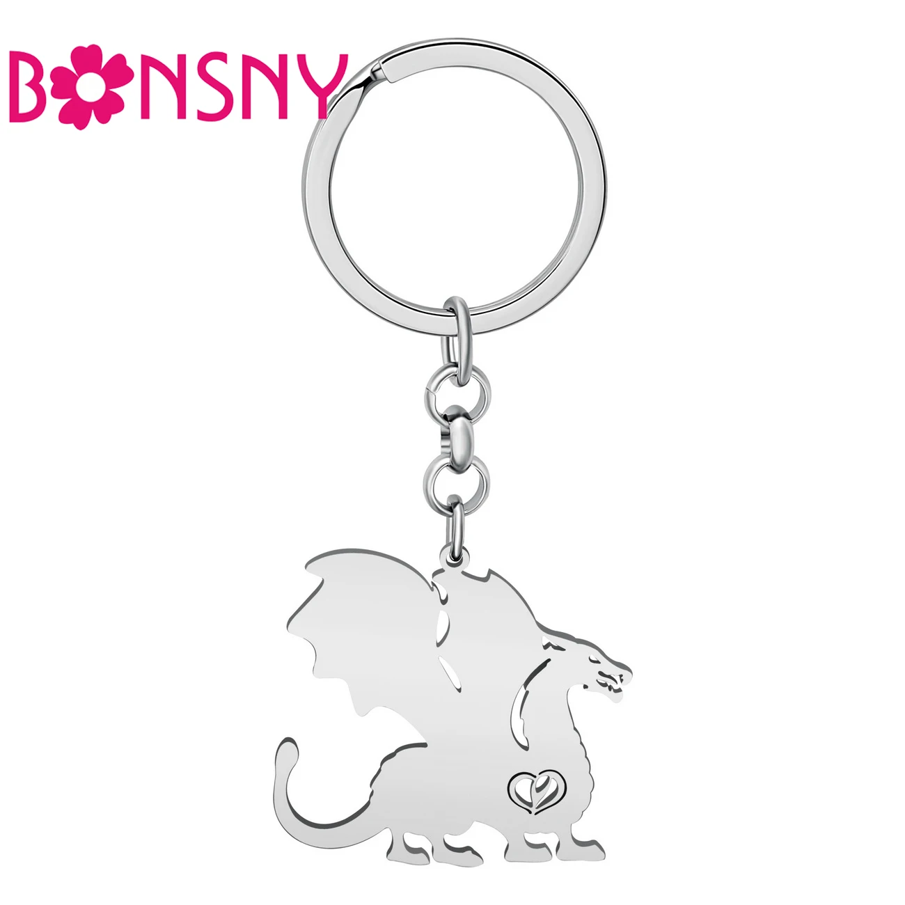 

Bonsny Stainless Steel Silver-plated Roaring Dinosaur Dragon Keychains Car Key Bag Fashion Jewelry For Women Girls Teens Gift