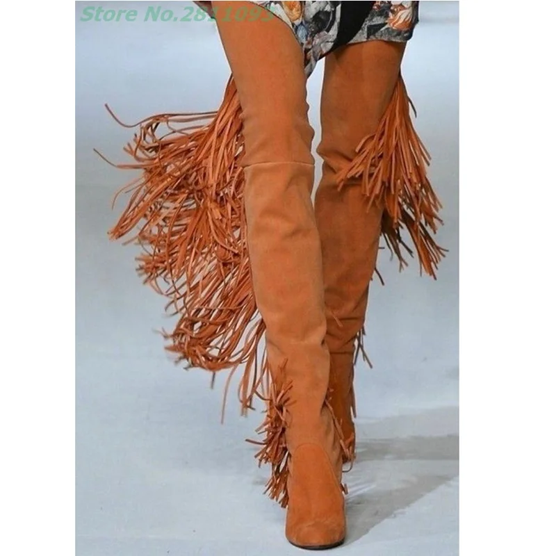 

Orange Fringe Women Winter Boots Almond Toe Over The Knee Runway Ladies Boots Brown Tassel Fashion Noverty Custoom Made Boots