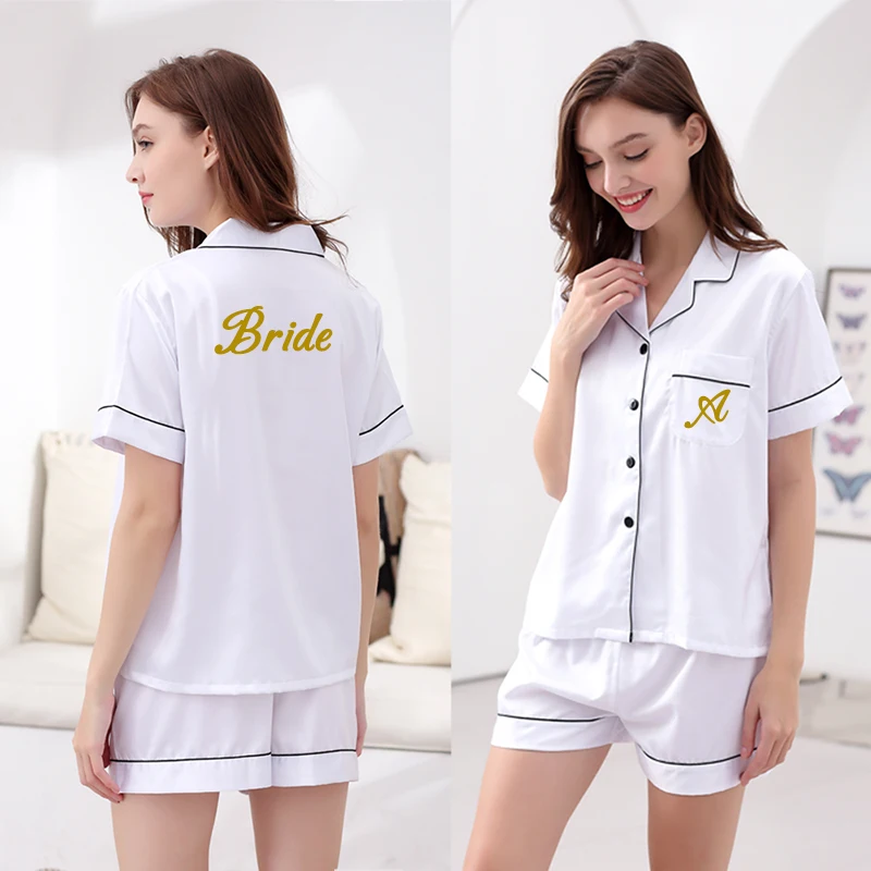 YUXINBRIDAL Summer Womens Ladies Satin Wedding Bridesmaid Bride Pyjama Set Silky Lounge Wear Pajamas Short Sleeve Pjs Solid