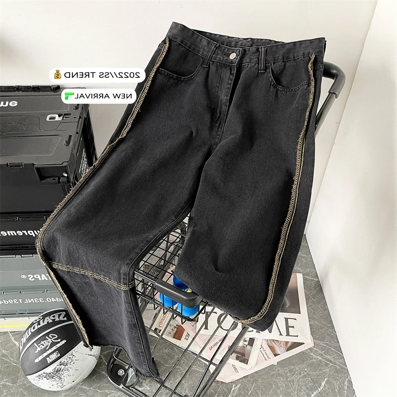 

High-quality Stitching Jeans Men and Women High Street Casual Long Pants Design Niche Straight Pants y2k Summer Streetwear