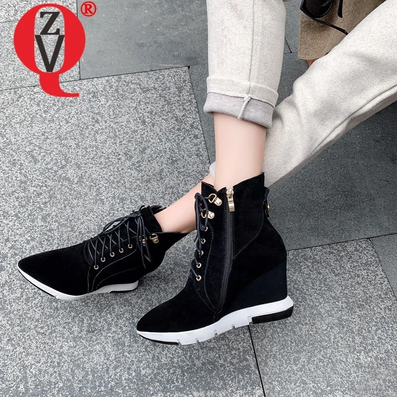 

ZVQ Woman Shoes Summer New Fashion Sexy Pointed Toe Cow Suede Ankle Boots Outside High Heels cross-tied Zipper Shoes