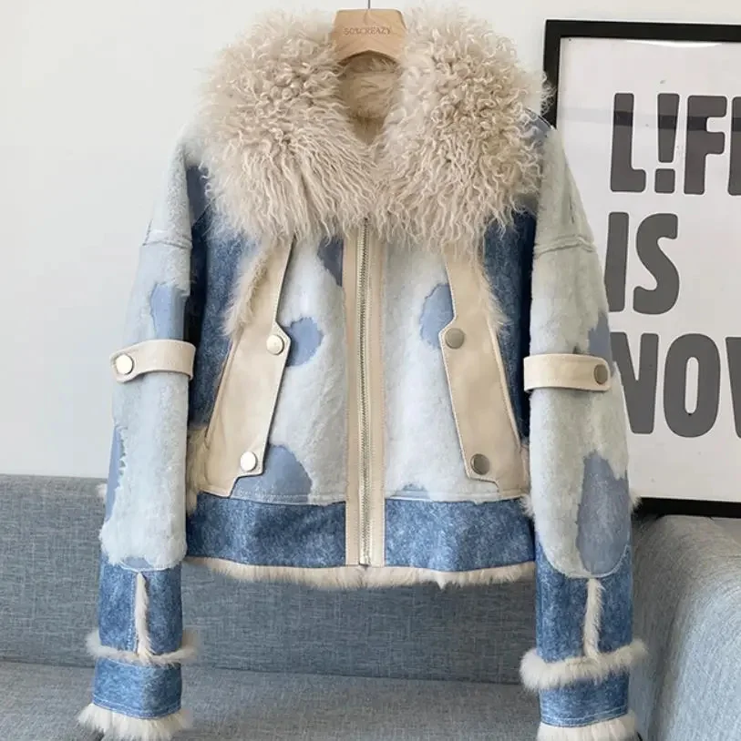 

2023 winter new genuine rabbit fur Jackets For Women fashion short lambswool collar warm double faced coat Outerwear Y3276