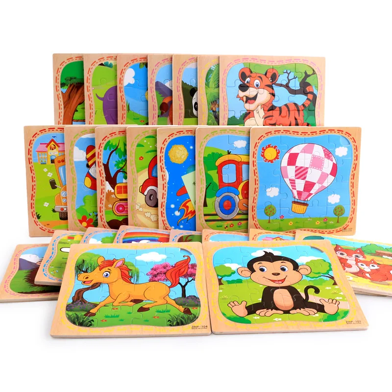 

Mini Size 16pcs Kids Toy Wood Puzzle Wooden 3D Puzzle Jigsaw for Children Baby Cartoon Animal/Traffic Puzzles Educational Toy