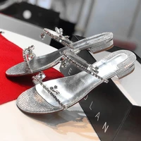 summer new flat bottomed rhinestone diamond sandals low heeled slippers thick heeled crystal bling shoes female casual shoes