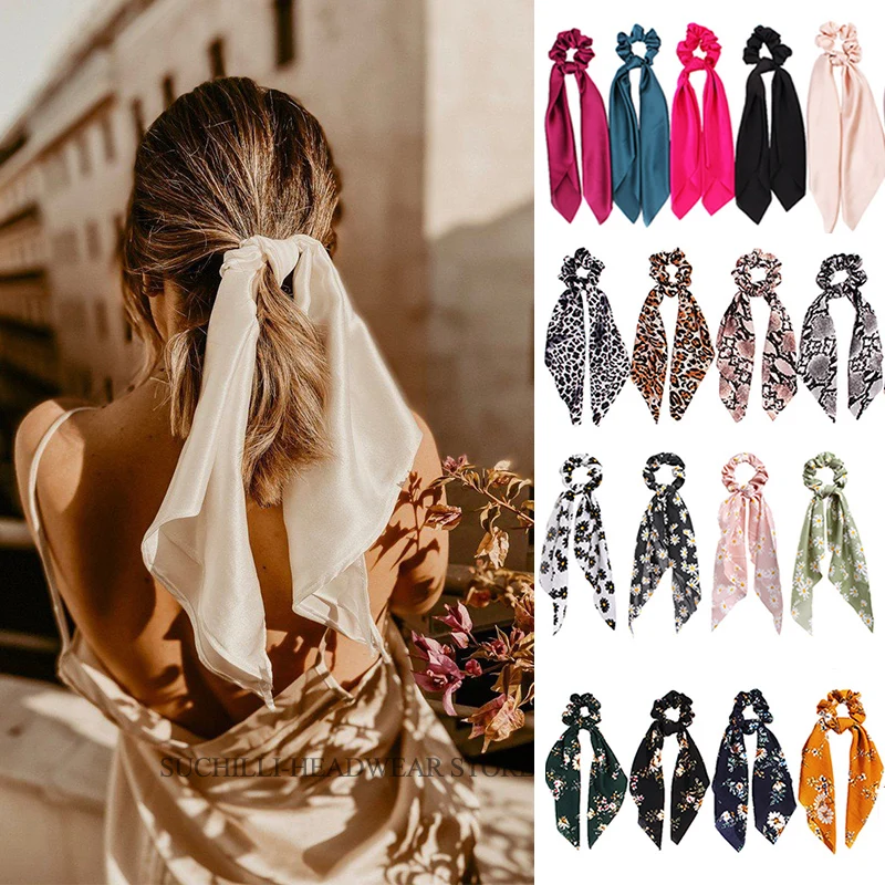 

Leopard Print Bow Satin Scrunchie Hair Band Women Girls Long Ribbon Ponytail Scarf Elastic Hair Tie Scrunchies Hair Accessories