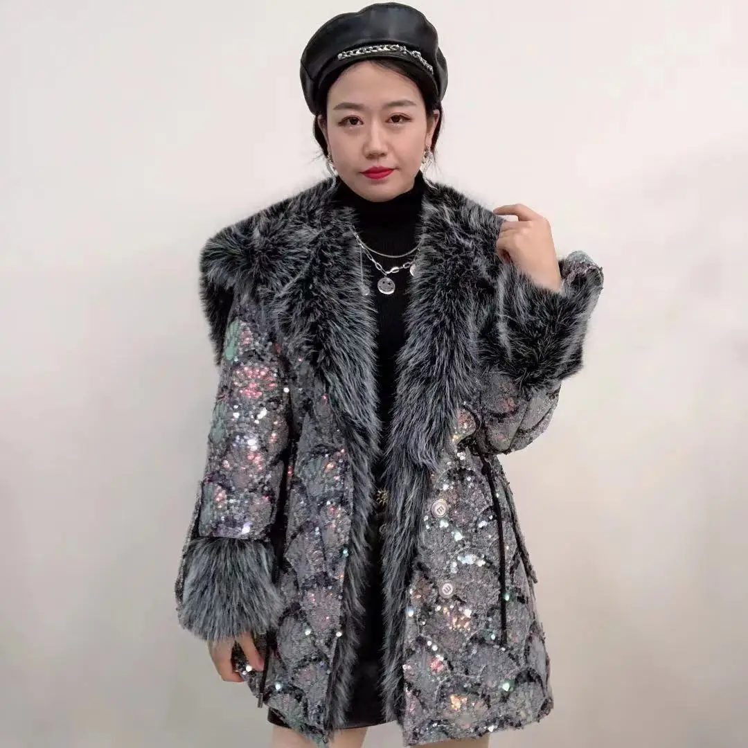 2022 Winter Clothes Fashion Toka Warm Mid-Length Jacket High Waist Slimming Temperament Heavy Sequins Elegant Fur Coat Women