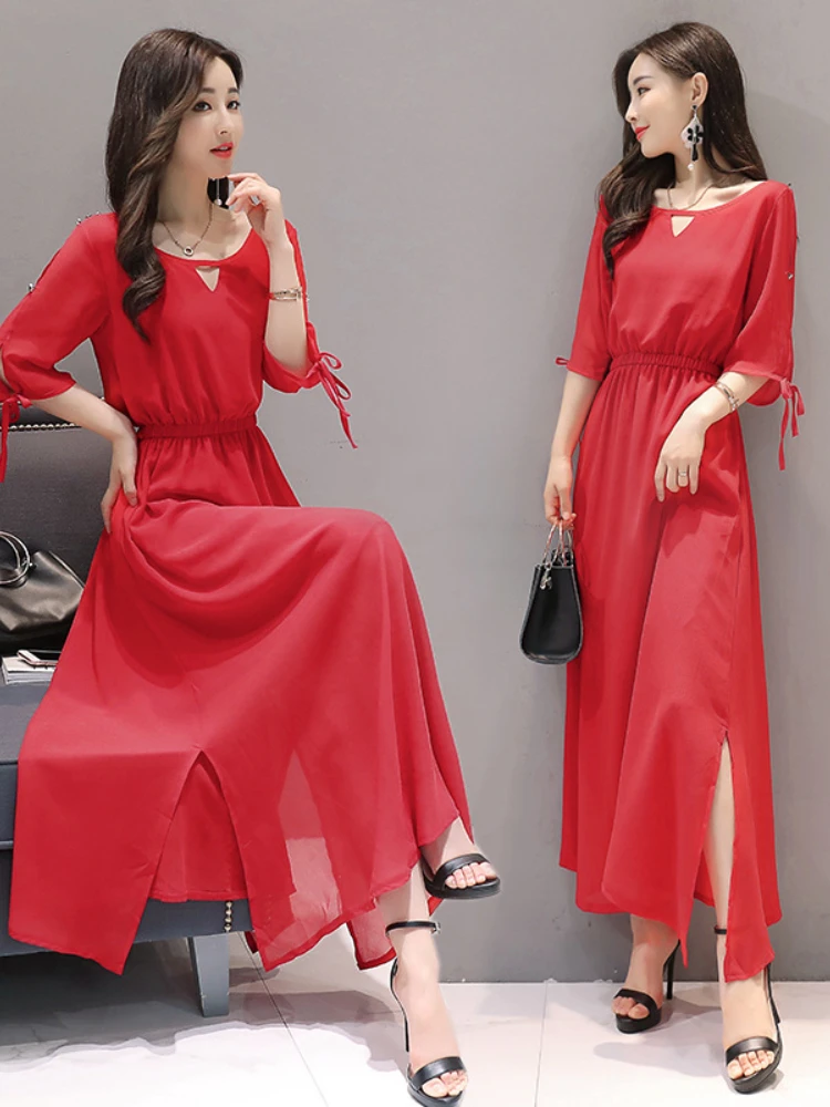 

2022 Summer New Ladies Dress Fashion Simple Temperament Elegant Chiffon Skirt Elegant Fairy Skirt High Waist Conservative