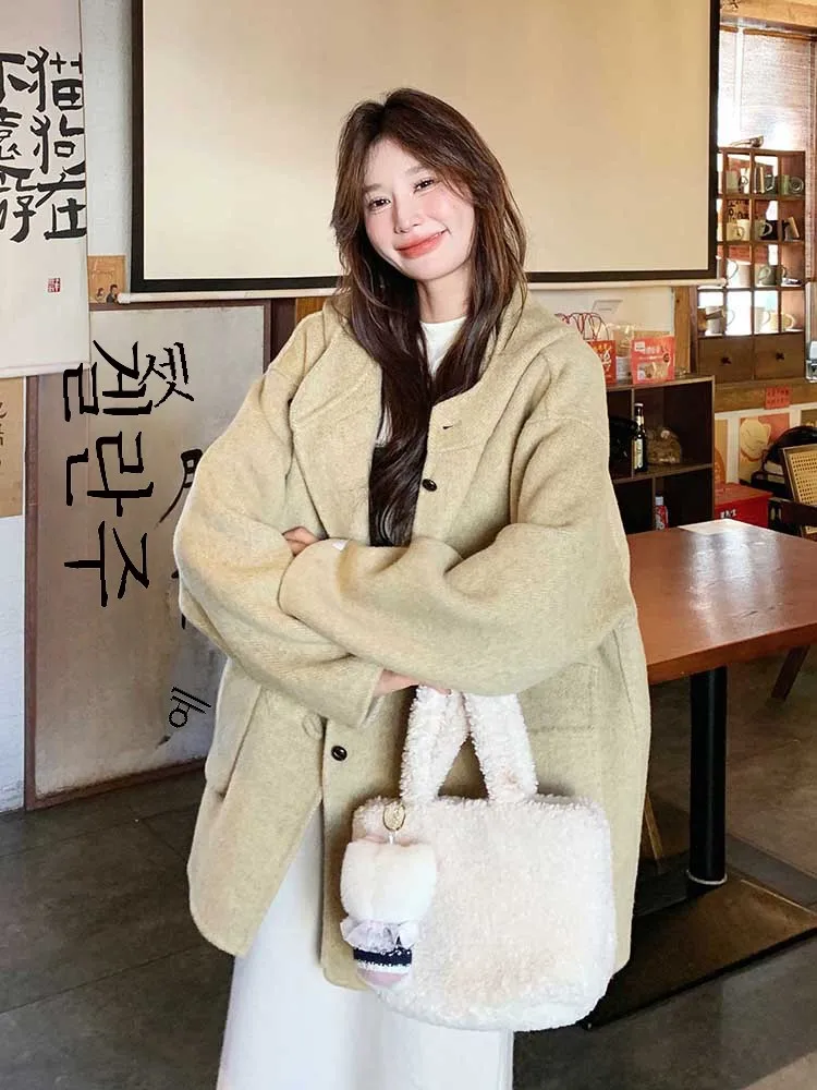 Двустороннее кашемировое пальто с капюшоном для женщин осень 2024 новая корейская