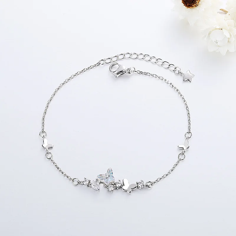 Серебряная цепочка из звеньев циркониевый браслет с бабочкой для женщин и