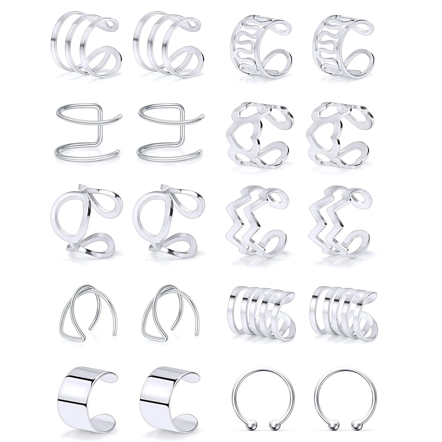

1-10 Pairs Adjustable Silver Stainless Steel Non-Piercing Cartilage Clip On Wrap Earring Helix Cartilage Cuff Fake Lip Nose Ring