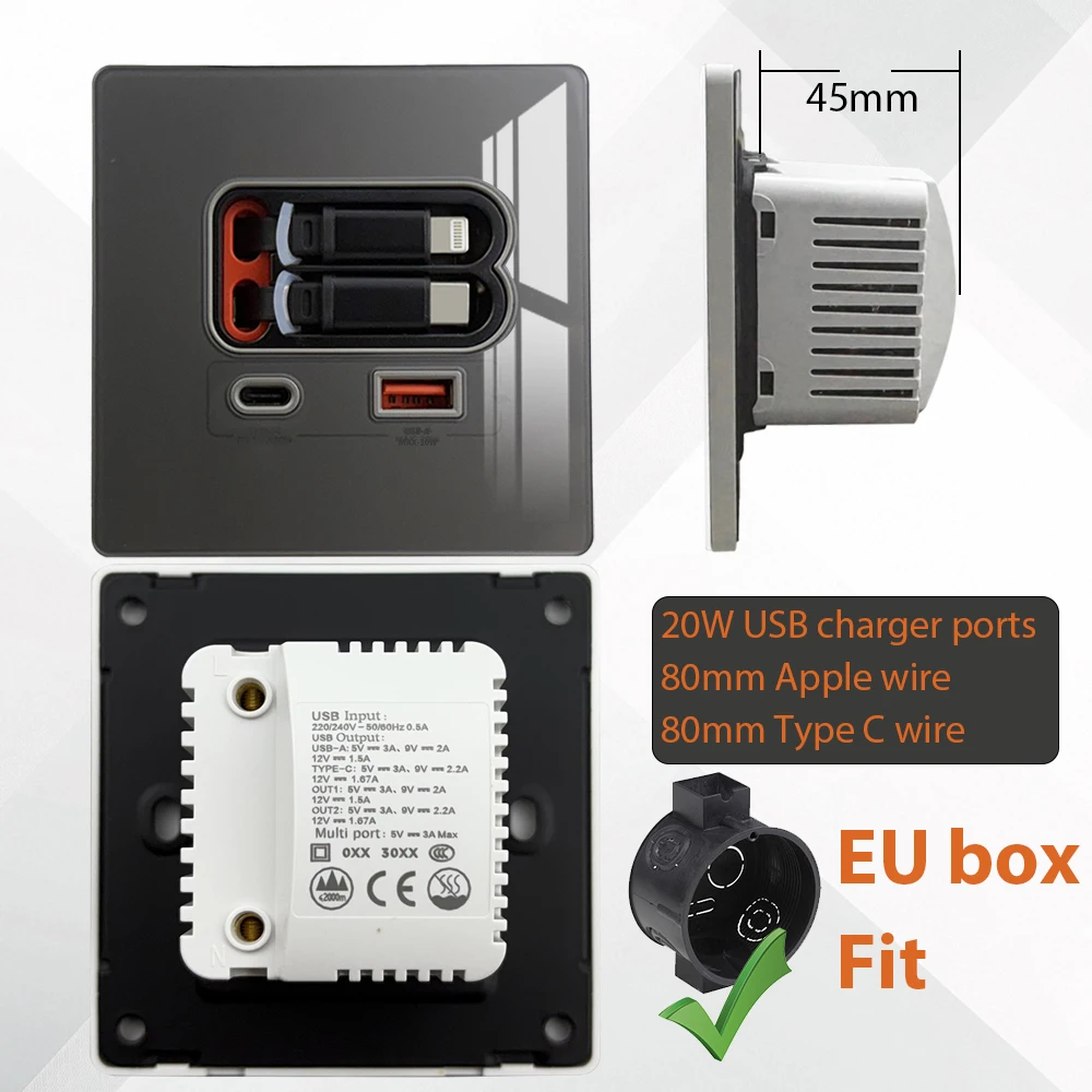 Стандарт ЕС, быстрая зарядка, 20 Вт, порта USB A + C, настенная розетка с выдвижным зарядным проводом типа C, 80 см, белая, серая стеклянная панель, 86x86 мм