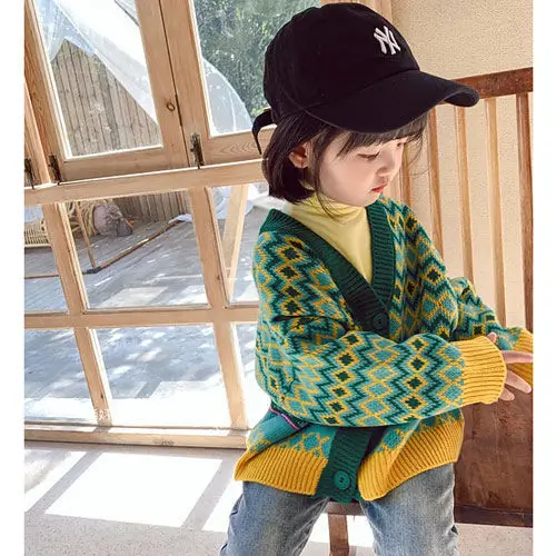 

Fashion Kids Girls Spring Autumn 2022 New Knitted Patchwork Cardigans Children Clothing V-Neck Geometric Warm Tops Sweaters X71