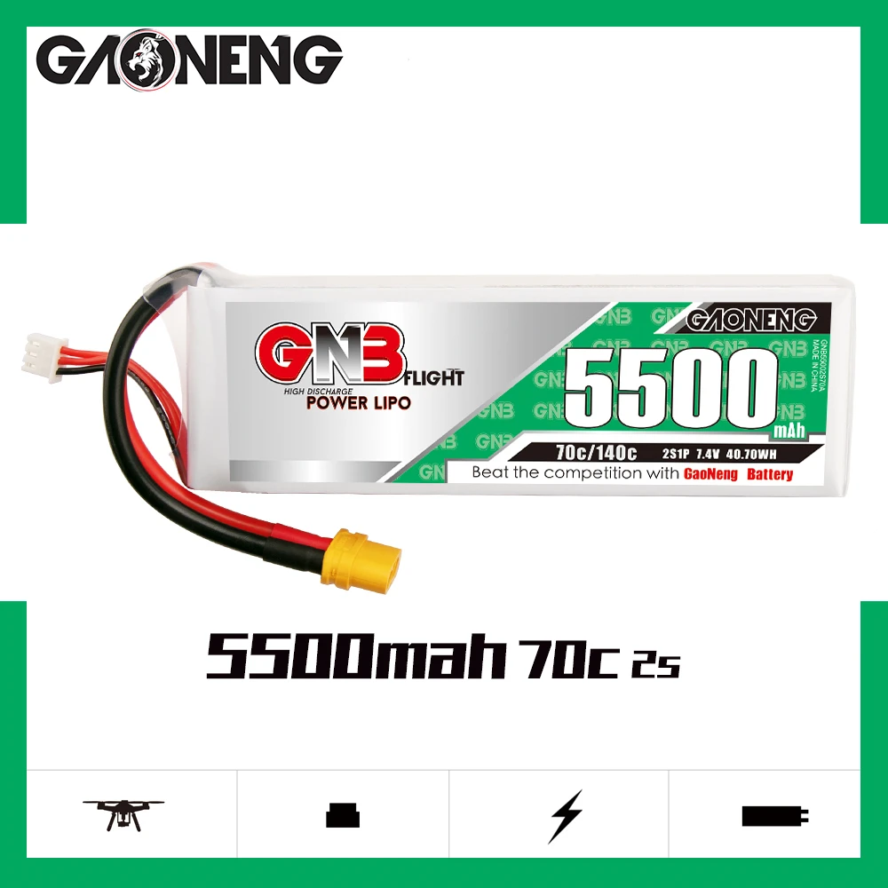 

GAONENG GNB 2S1P 5500mAh 7.4V 70C/140C Light Weight Lipo Battery With XT60/XT90S Plug For RC Helicopter Airplane Car Boat Tank