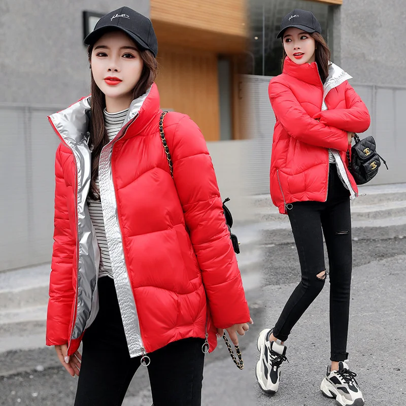 

Fashion Women's Shiny Parkas Korean Style Stand-up Collar Cotton Padded Jacket Office Lady Loose Short Bread Coat Puffer Jackets