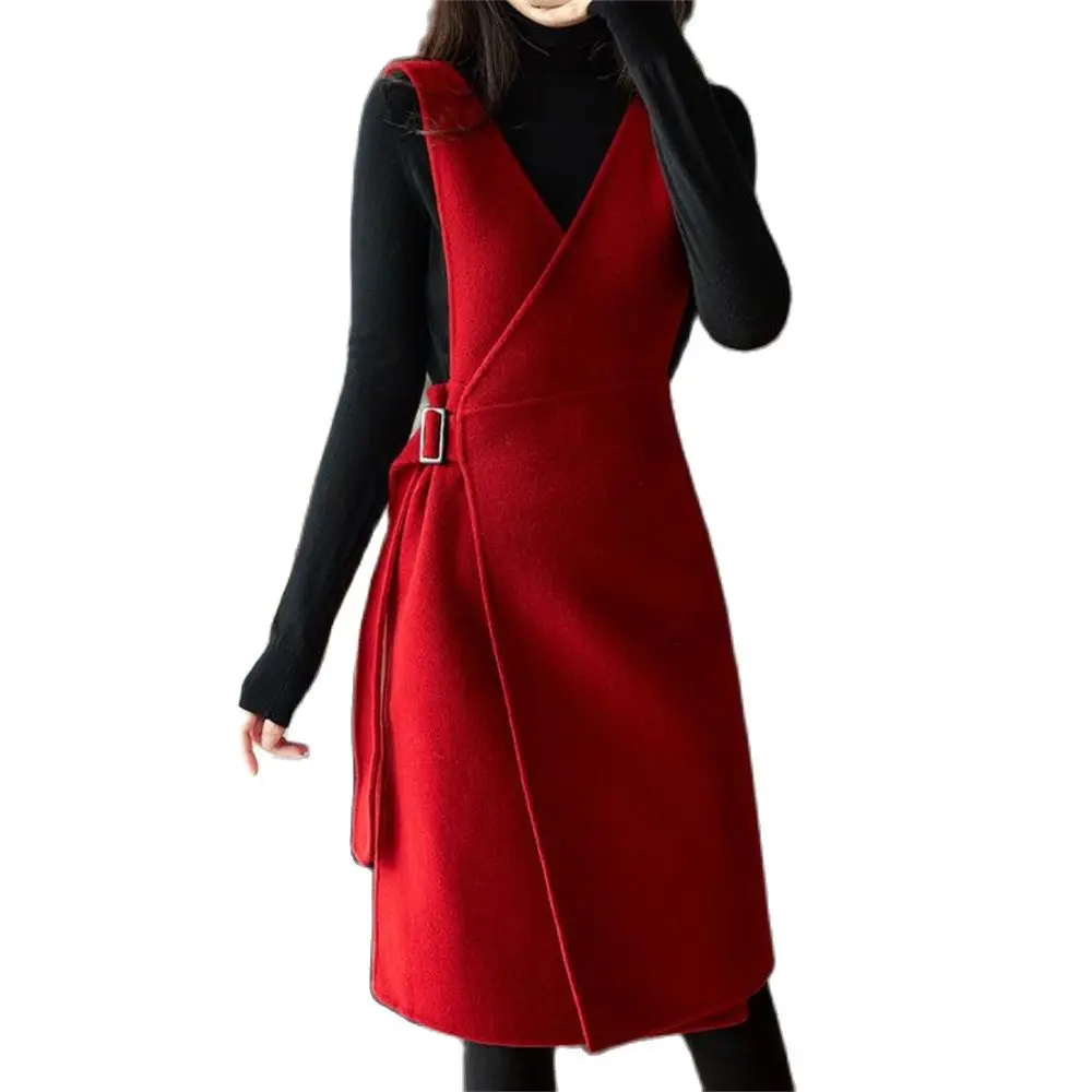 

Woman Dress Red Split Slim Waist Lacing Sleeveless V Collar Office Lady Style Elegant Dresses 2023 New Autumn Robe Vestido