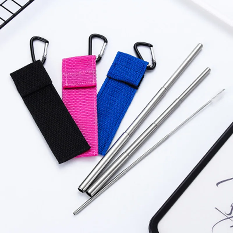 

Telescopic Stainless Steel Straw Brush With Bag Portable Drinking Set For Travel Camping Picnic Reusable Collapsible Metal straw