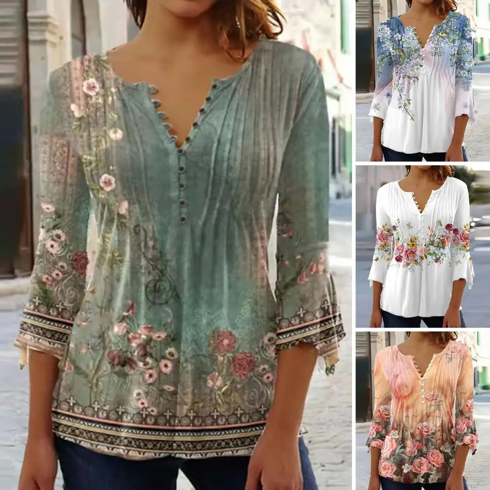 

Women T-shirt V-neck 3/4 Sleeve Buttons Half Placket Loose Hem Summer Floral Print Pleated Tunic Shirt Camiseta Femenina