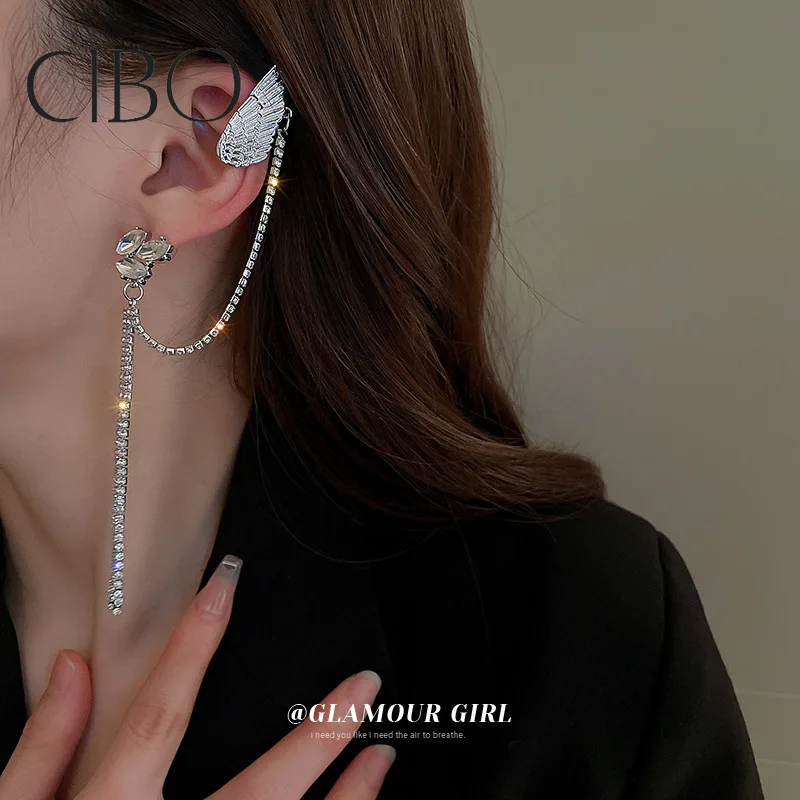 

Silver needle wings studded Earrings earclip one Korean minority ins cool wind Earrings personality Tassel Earrings female
