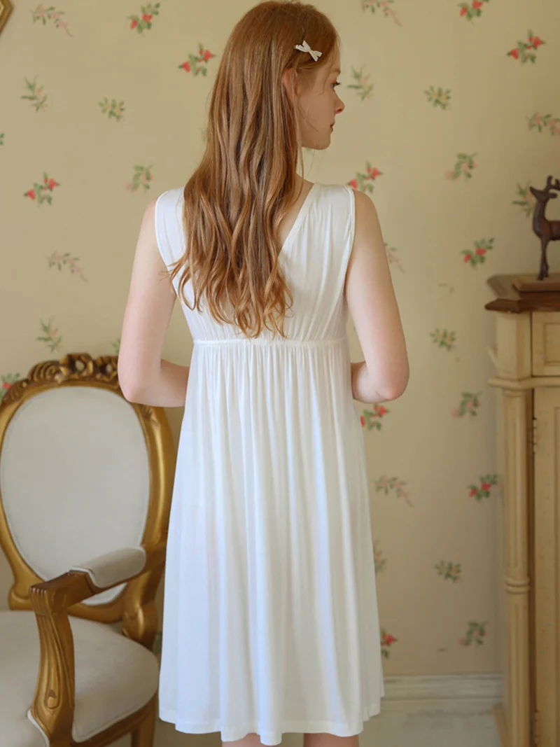 Women Spring Summer Sleepwear Sexy Lace Crop Sleeveless Nightdress Modal Fairy V-neck Princess Pajamas Victorian Nightgowns