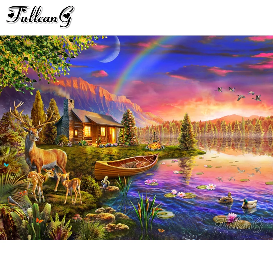 

diamond painting rainbow lake house rhinestone embroidery 5d full mosaic cross stitch boat deer sea animals home decor AA3389