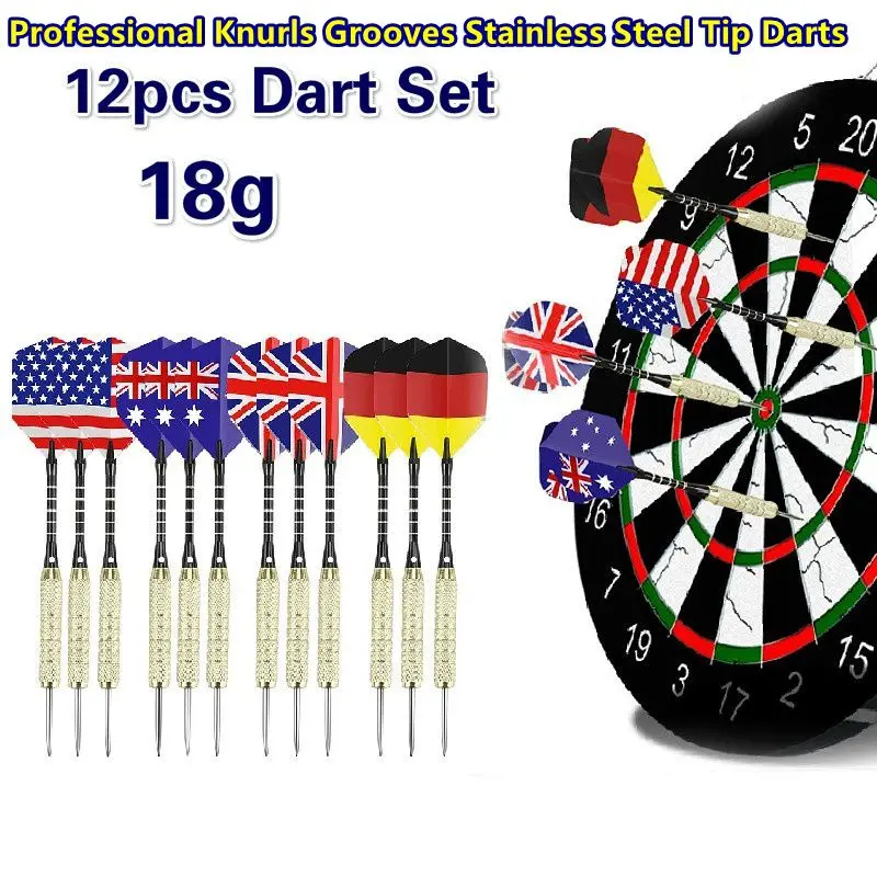 

Professional 12pcs Knurls Grooves Stainless Steel Tip Darts Set 18g w/ Needle+Solid Brass Barrel+Aluminum Shaft+New PVC Flights