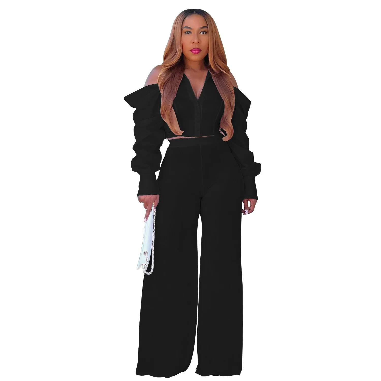 

Two Piece Sets Womens Outifits Blouse Wide Leg Pants Design Hollow Puff Sleeve England Style V-Neck Top Pants 2 Piece Sets