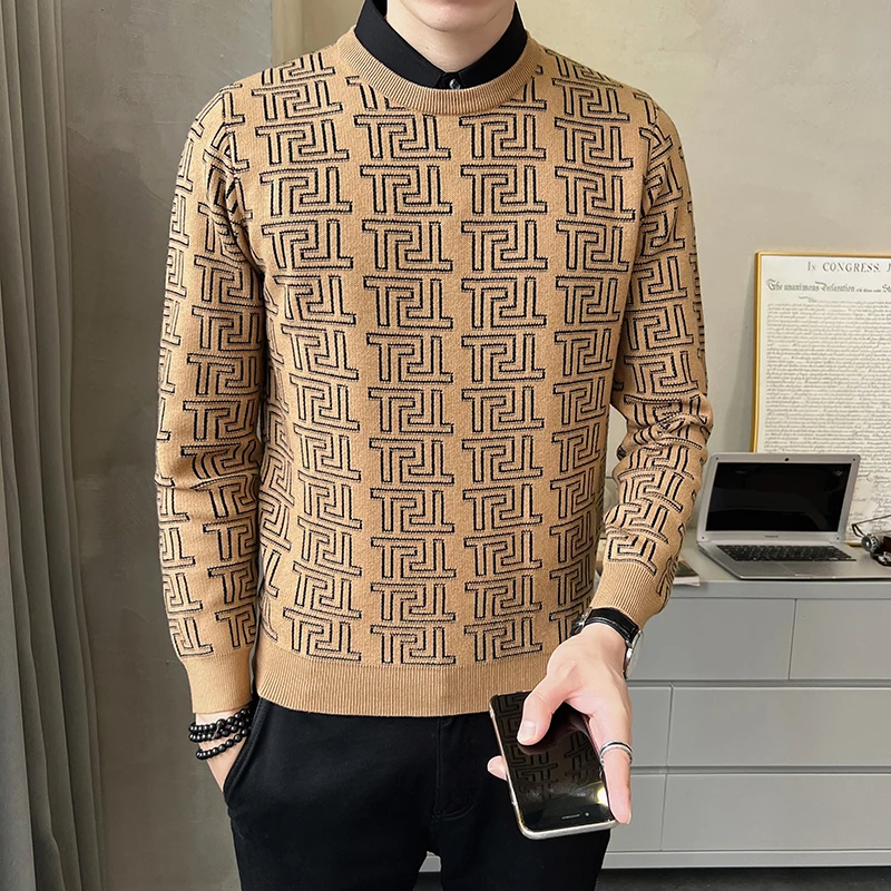 Shirt Sleeve Fake Two Sweaters/ Brand Clothing New Men's Autumn Winter Letter Style Slim Fit Casual Korean Fashion Knit Pullover