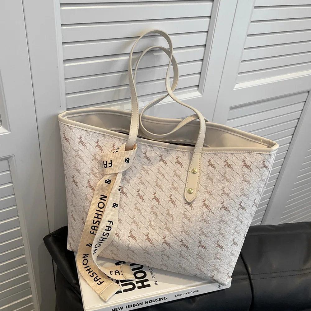 

Trendy Ribbon Animal Printing Large Shoulder Tote Bags For Women 2022 Brand Designer Travel Work Ladies Handbags White Pink Blue