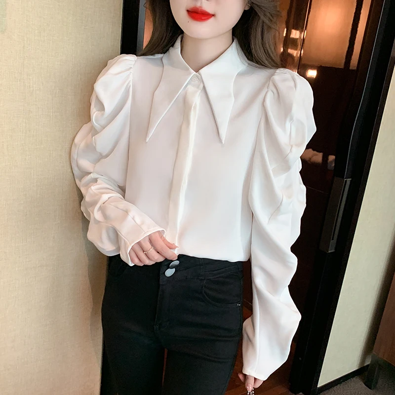 

Korean Style Pleated Long Sleeve Shirt for Women 2023 Autumn Peter Pan Collar White Blouse Spring Office Lady Tops Blusas 28578