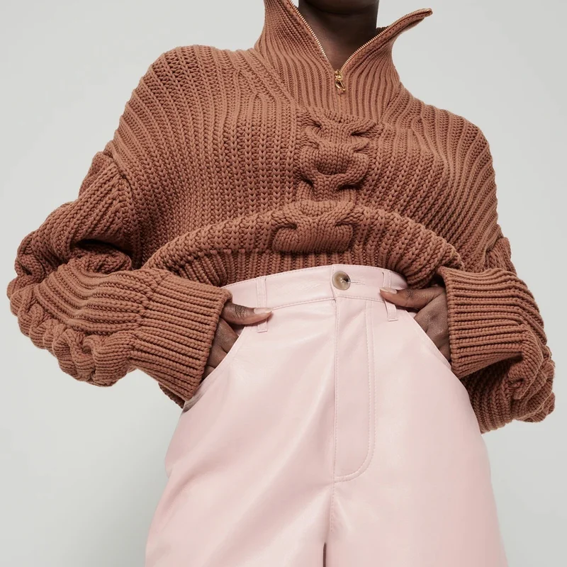 

Zipper Turtleneck Pullover Sweater Women Long Sleeve Korean Twisted Knitwear Casual 2021 Autumn Winter Knit Tops Brown Sweater