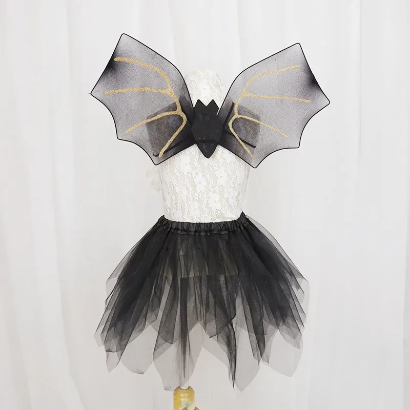 

Kids Children Girls Black Halloween Fluffy Skirt Bat Wing Set Costume Makeup Fancy Dress Party Favors Birthday Gift 3- 8 Years