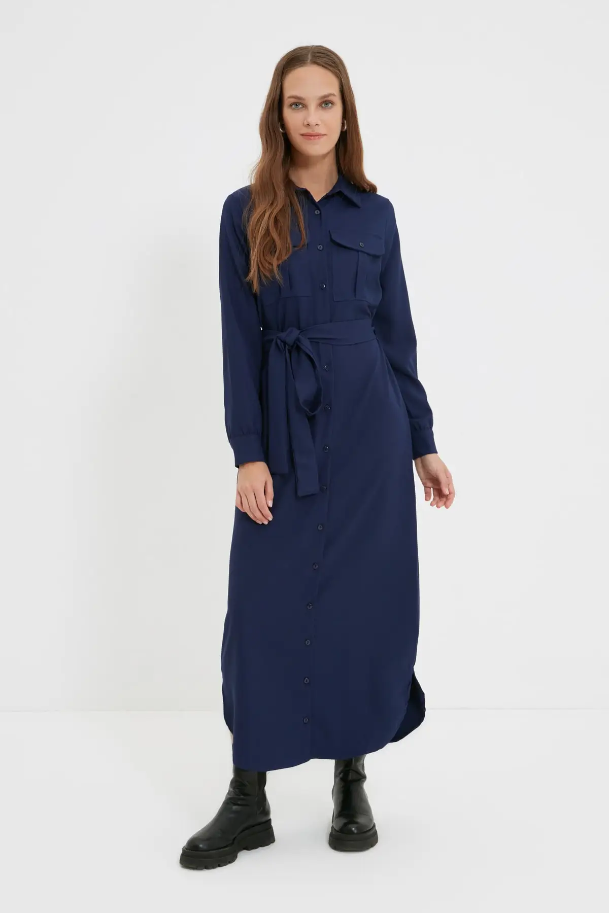 

Trendyol Shirt Collar Pockets Belted Dress TCTAW22EB0223