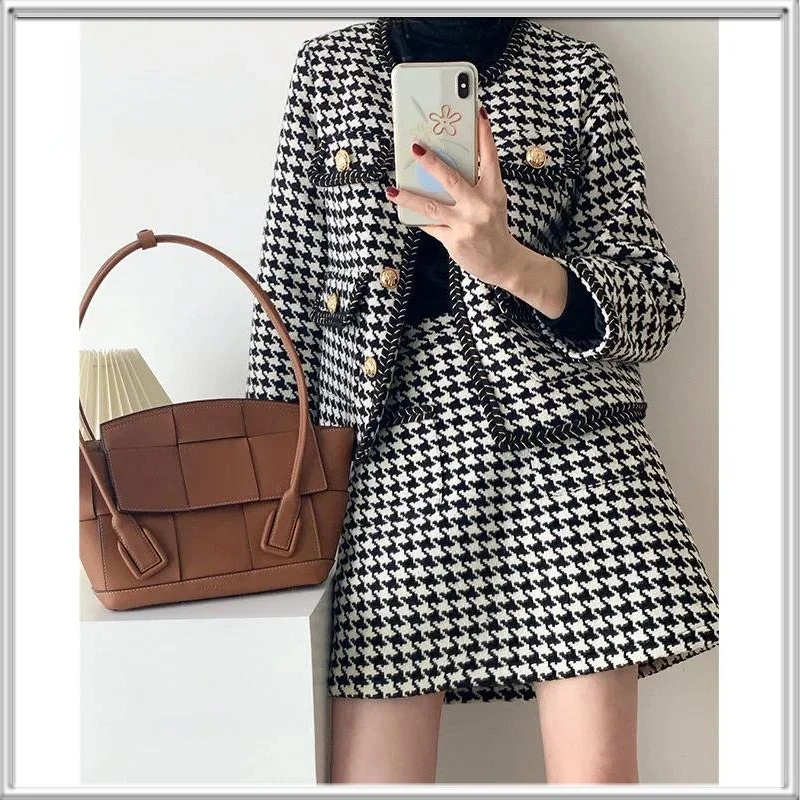 

Women's Autumn and Winter Small Fragrance Wind Woolen Suit Casual Fashion Houndstooth Half Skirt Suit Two Piece Suit