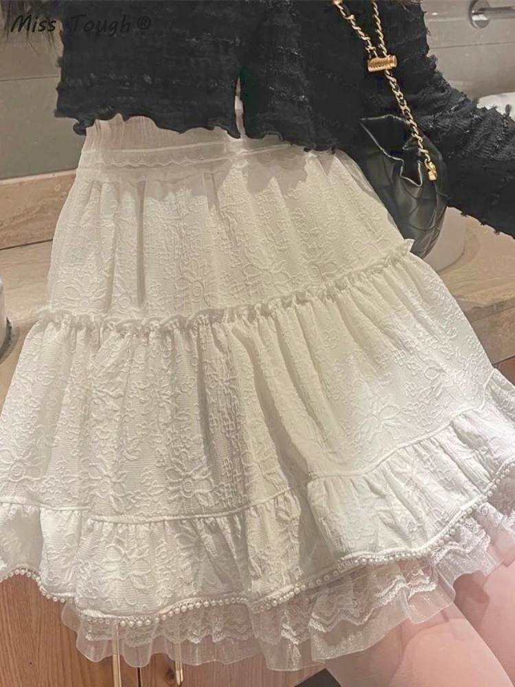Летняя белая кружевная Милая юбка для женщин корейская мода пушистая