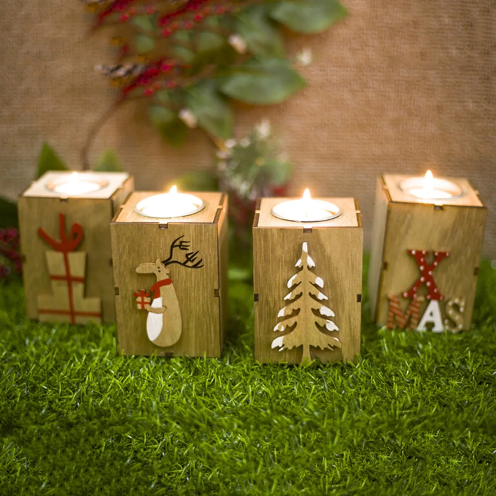 

Wooden Candlestick Christmas Decoration Mini Christmas Xmas Tree Elk Candle Holder Desktop Ornaments 2023 New Year Party Gifts