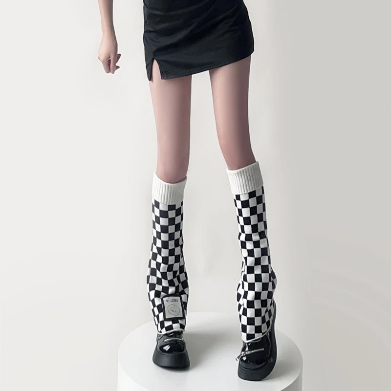 Women Knitting Leg Warmers School Student Cotton Plaid Foot Cover Socks   Middle Tube