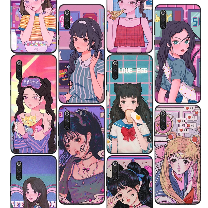 

INS Kawaii Japanese Anime illustration Girl Phone Case For Xiaomi Redmi Note 10 10S 9 9S 8 8T 11S 11 Pro 7 5 9T 9C 9A 8A 7A 6A 6