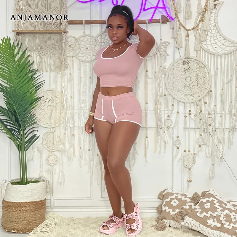 

ANJAMANOR Sports 2 Piece Sets Womens Outfits Summer 2022 Fashion Casual Tracksuit Short Sleeve Crop Top and Shorts D44-CZ29