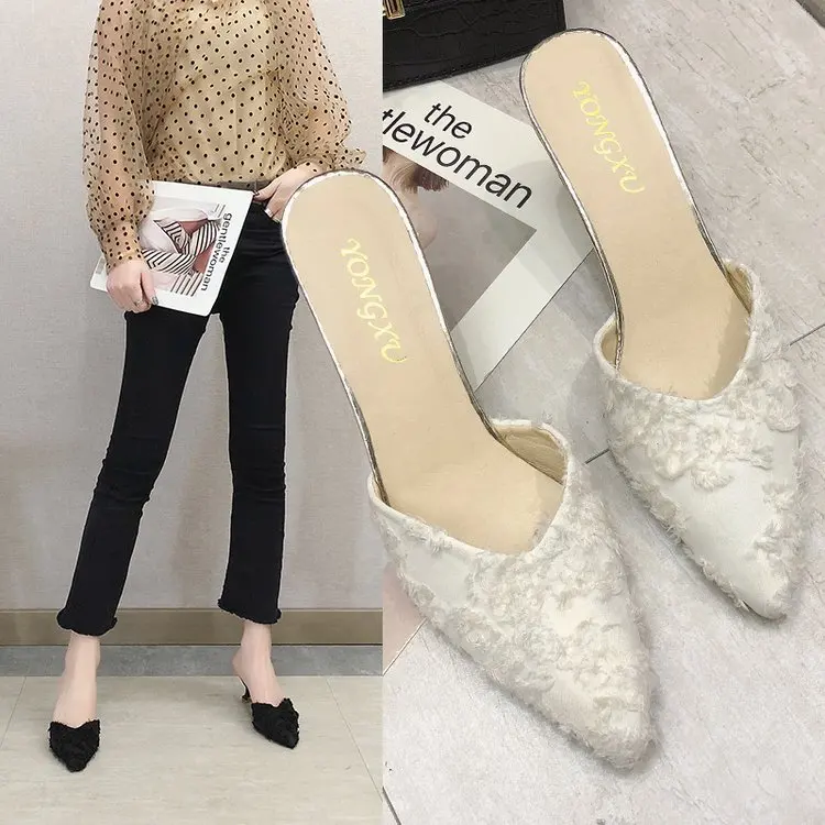 

Shoes Pointed Toe Slippers Casual Slipers Women Flock Heeled Mules Slides Med Luxury 2022 High Cover Thin Rome Rubber PU