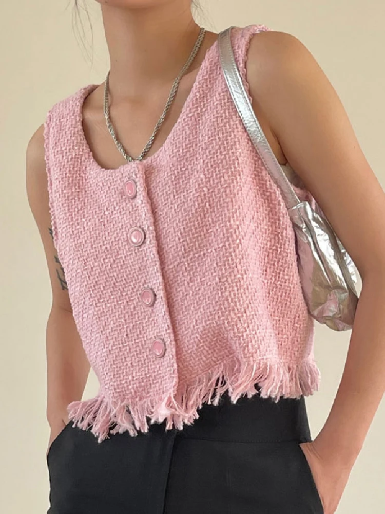 

Vest Women Solid Korean Chic Summer Simple and Versatile U-neck Tassel Raw Edge Single-breasted Tweed Sleeveless Vest