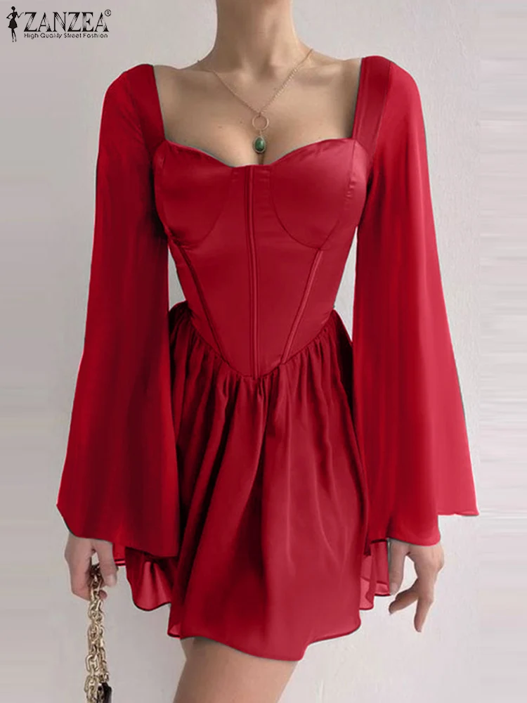 

Осеннее короткое платье ZANZEA 2023, женское сексуальное модное мини-платье с длинным рукавом и квадратным вырезом, платье-трапеция со складками