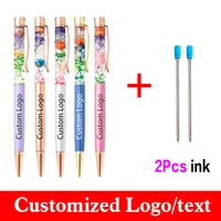 12pcsset of dried flower oil pen get 2 ink advertising metal ballpoint pen gift pen custom logo student stationery wholesale